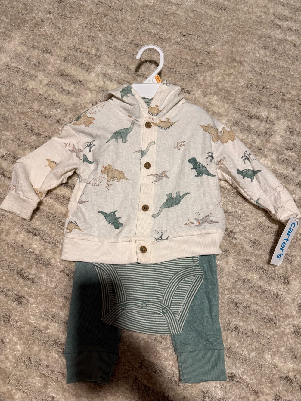 Carter's Cream Dino Hooded Jacket with Sage Green Leggings